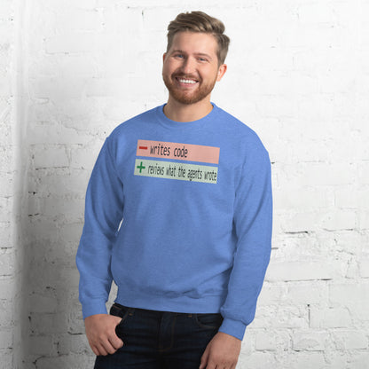 The Diff agentic AI engineer crewneck sweatshirt — Heather Deep Royal, on model