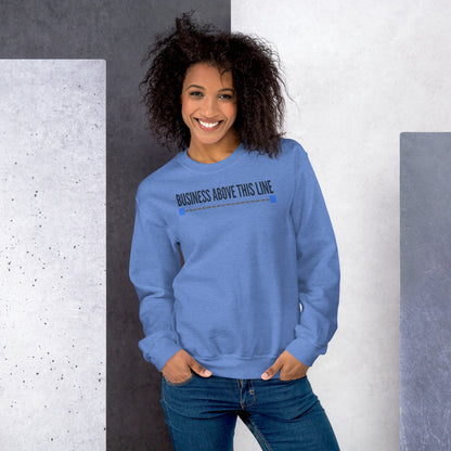 Business Above This Line crewneck sweatshirt — Heather Deep Royal, on model