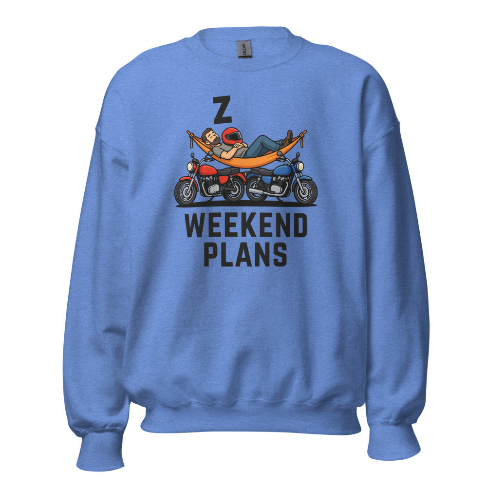 Weekend Plans funny motorcycle dad crewneck sweatshirt — Heather Deep Royal, front