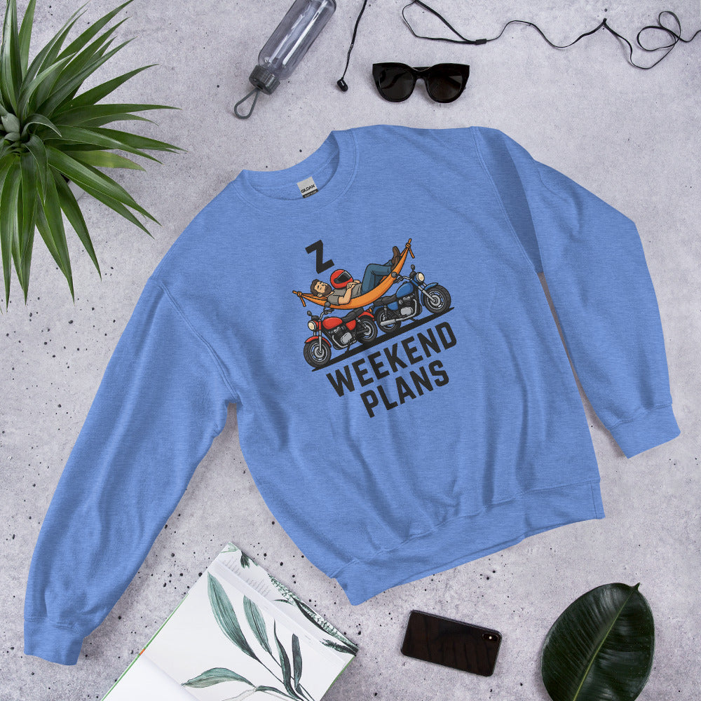Weekend Plans funny motorcycle dad crewneck sweatshirt — Heather Deep Royal, flat lay