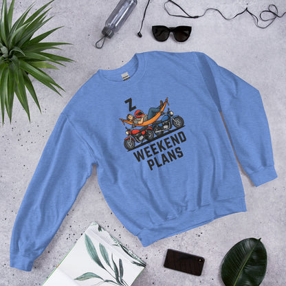 Weekend Plans funny motorcycle dad crewneck sweatshirt — Heather Deep Royal, flat lay
