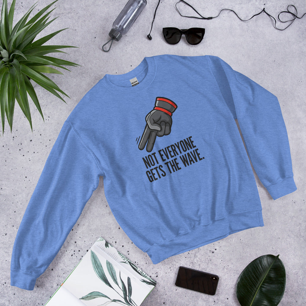 Not Everyone Gets The Wave biker wave motorcycle crewneck sweatshirt — Heather Deep Royal, flat lay