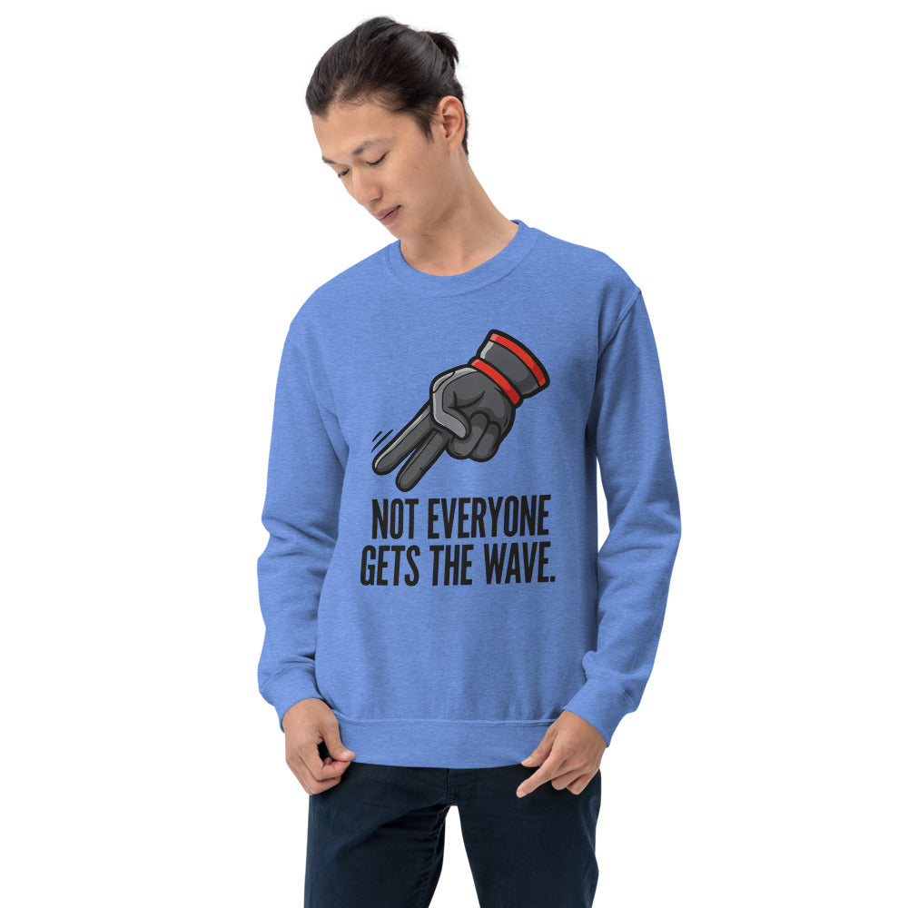 Not Everyone Gets The Wave biker wave motorcycle crewneck sweatshirt — Heather Deep Royal, on model