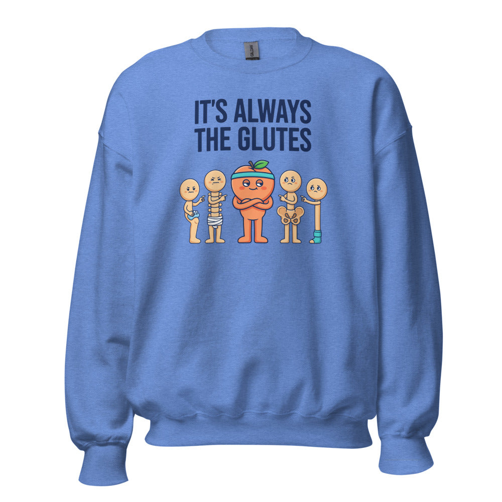 Always The Glutes funny physical therapy crewneck sweatshirt — Heather Deep Royal, front
