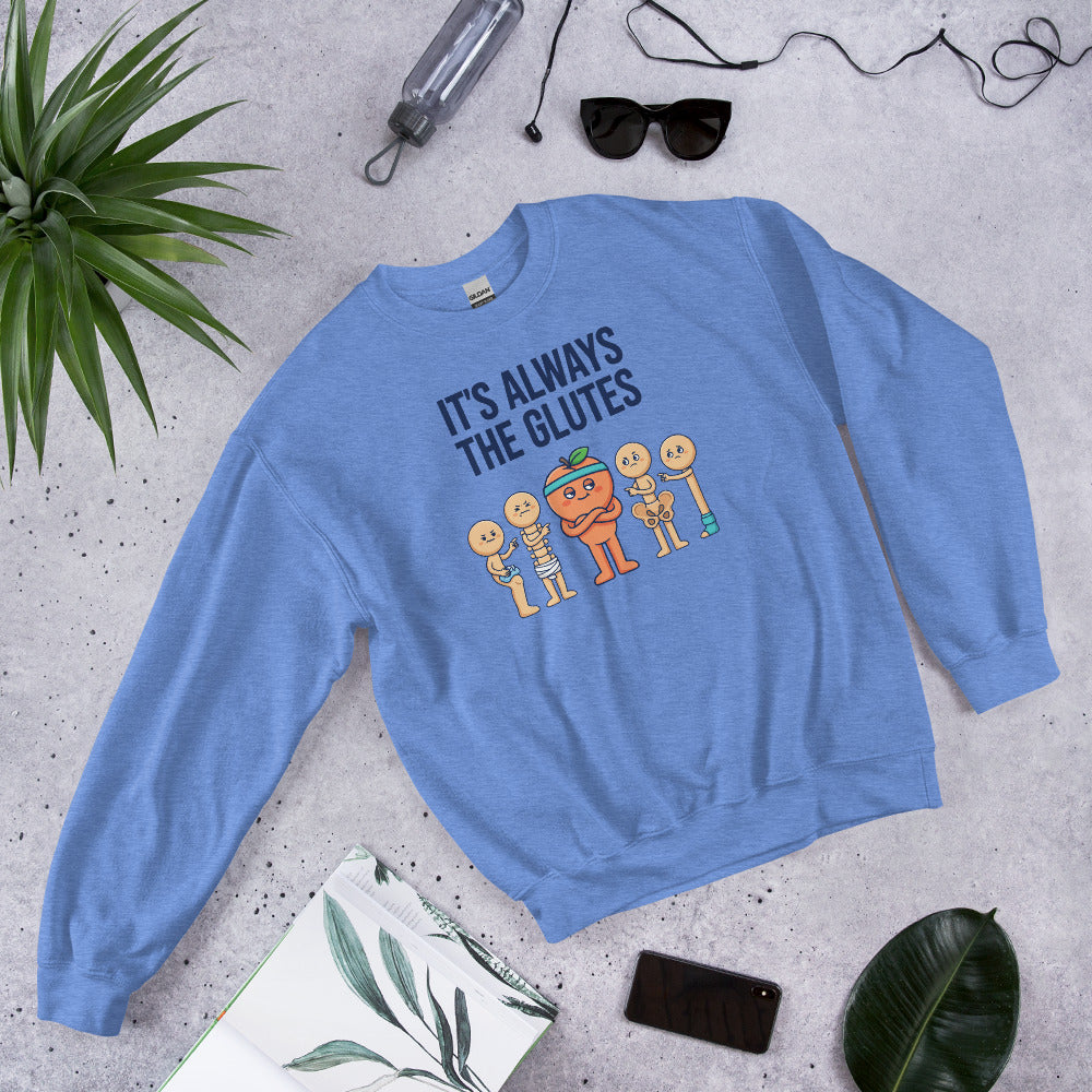Always The Glutes funny physical therapy crewneck sweatshirt — Heather Deep Royal, flat lay
