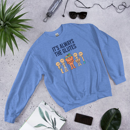 Always The Glutes funny physical therapy crewneck sweatshirt — Heather Deep Royal, flat lay