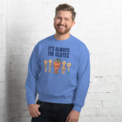 Always The Glutes funny physical therapy crewneck sweatshirt — Heather Deep Royal, on model