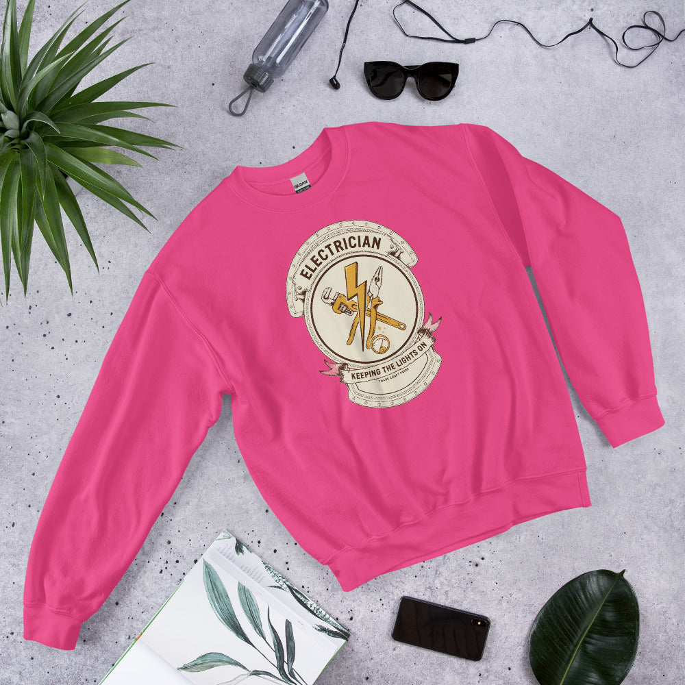 Electrician Journeyman trade crest crewneck — Heliconia, flat lay
