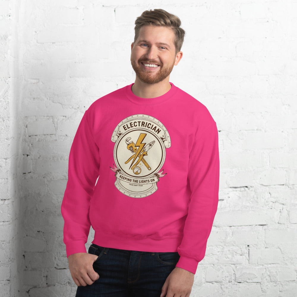 Electrician Journeyman trade crest crewneck — Heliconia, on model