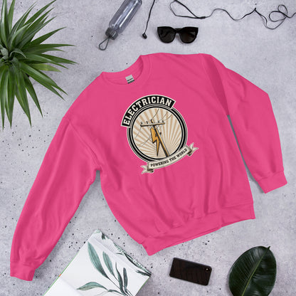 Powering The World electrician emblem crewneck — Heliconia, flat lay