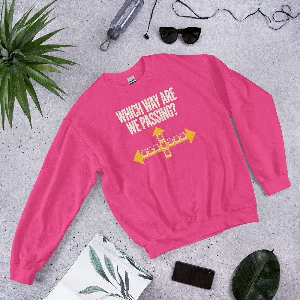 Which Way Are We Passing funny mahjong crewneck sweatshirt — Heliconia, flat lay