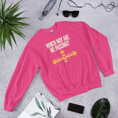 Which Way Are We Passing funny mahjong crewneck sweatshirt — Heliconia, flat lay