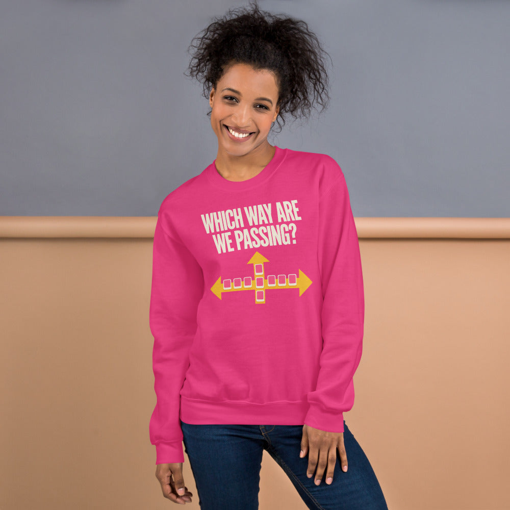 Which Way Are We Passing funny mahjong crewneck sweatshirt — Heliconia, on model
