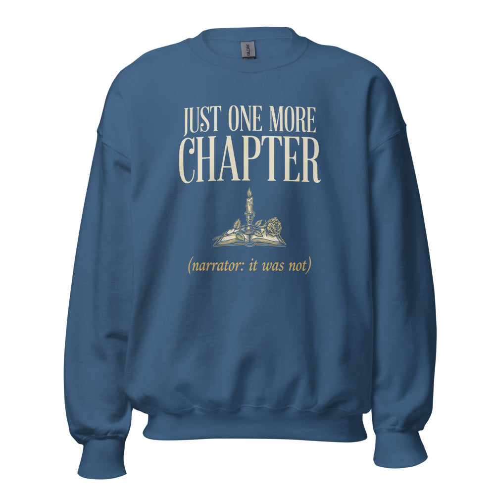 Just One More Chapter book lover dark academia crewneck sweatshirt — Indigo Blue, front