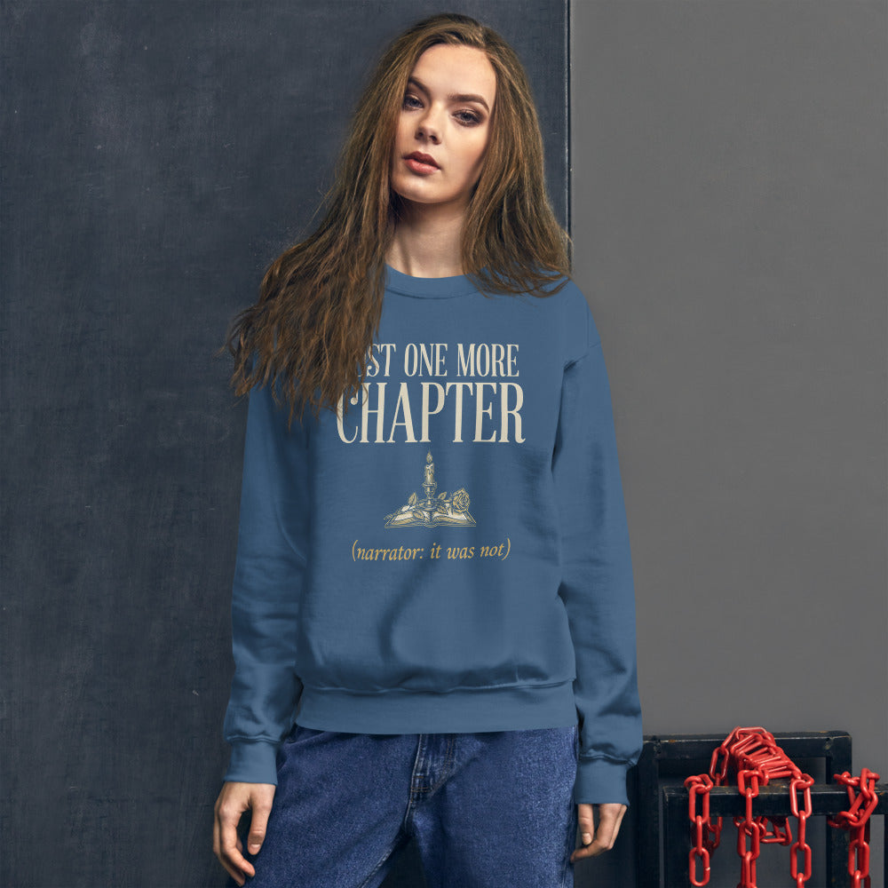 Model wearing the Just One More Chapter book lover crewneck — Indigo Blue