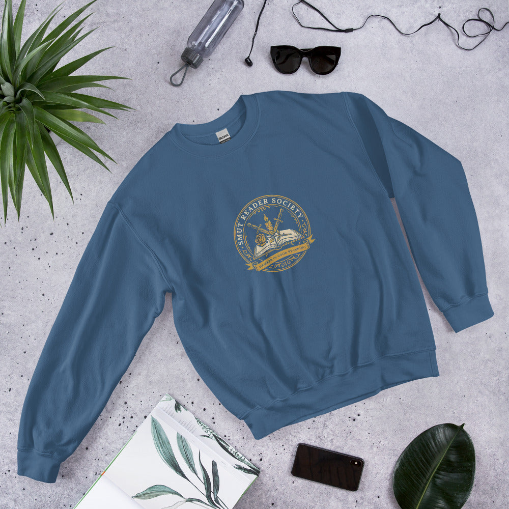 Smut Reader Society book lover dark academia crewneck sweatshirt — Indigo Blue, front angled