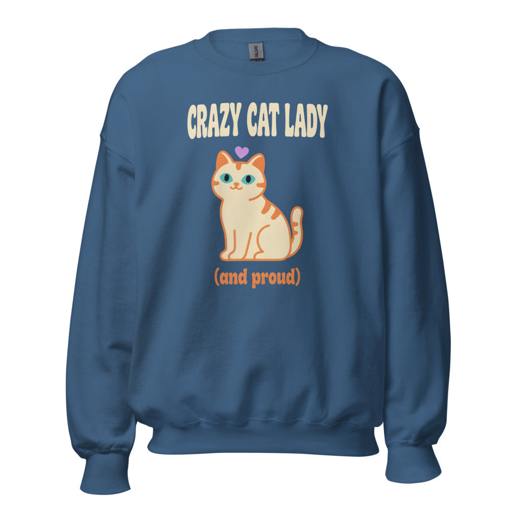 Crazy Cat Lady and Proud retro Y2K crewneck sweatshirt — Indigo Blue, front