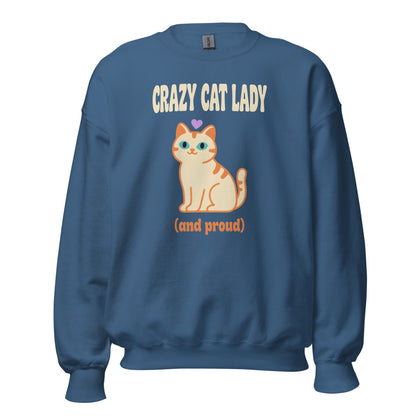 Crazy Cat Lady and Proud retro Y2K crewneck sweatshirt — Indigo Blue, front