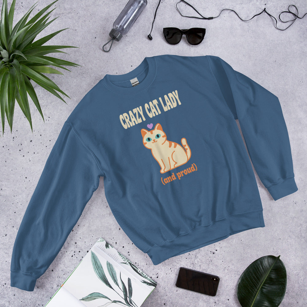 Crazy Cat Lady and Proud retro Y2K crewneck sweatshirt — Indigo Blue, front angled