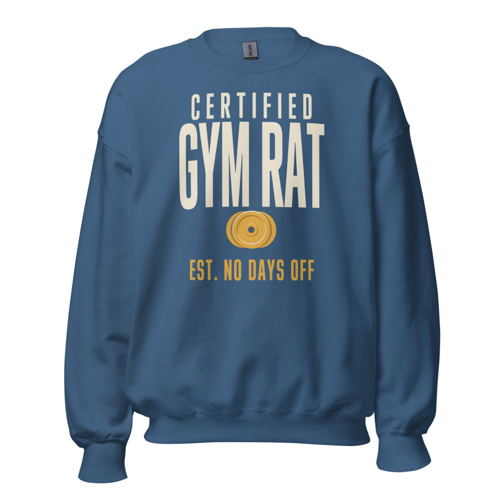 Certified Gym Rat vintage athletic crewneck sweatshirt — Indigo Blue, front