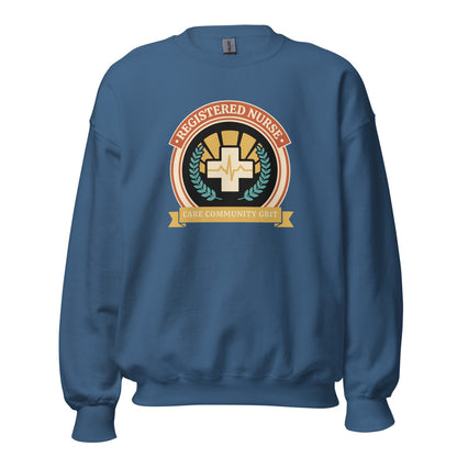 Registered Nurse vintage healthcare emblem badge crewneck sweatshirt — Indigo Blue, front