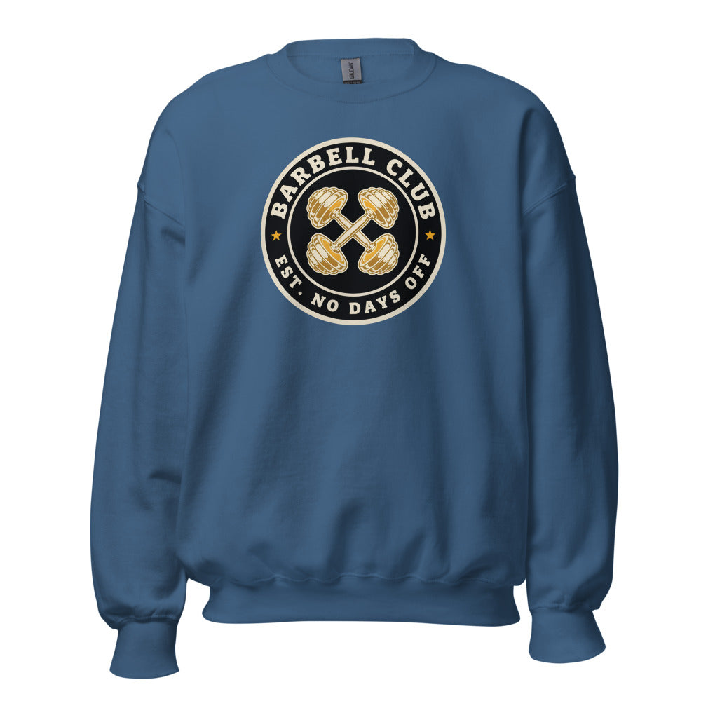 Barbell Club No Days Off vintage gym crewneck sweatshirt — Indigo Blue, front
