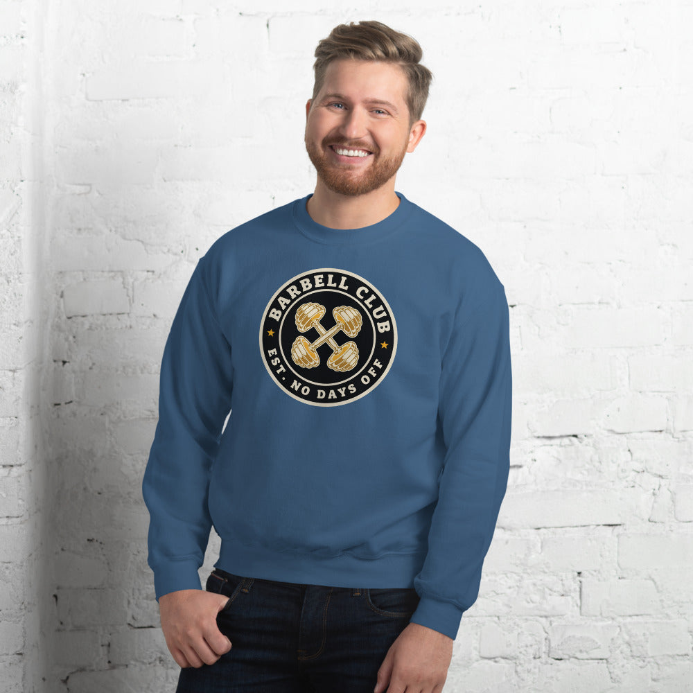 Barbell Club No Days Off vintage gym crewneck sweatshirt — Indigo Blue, on model