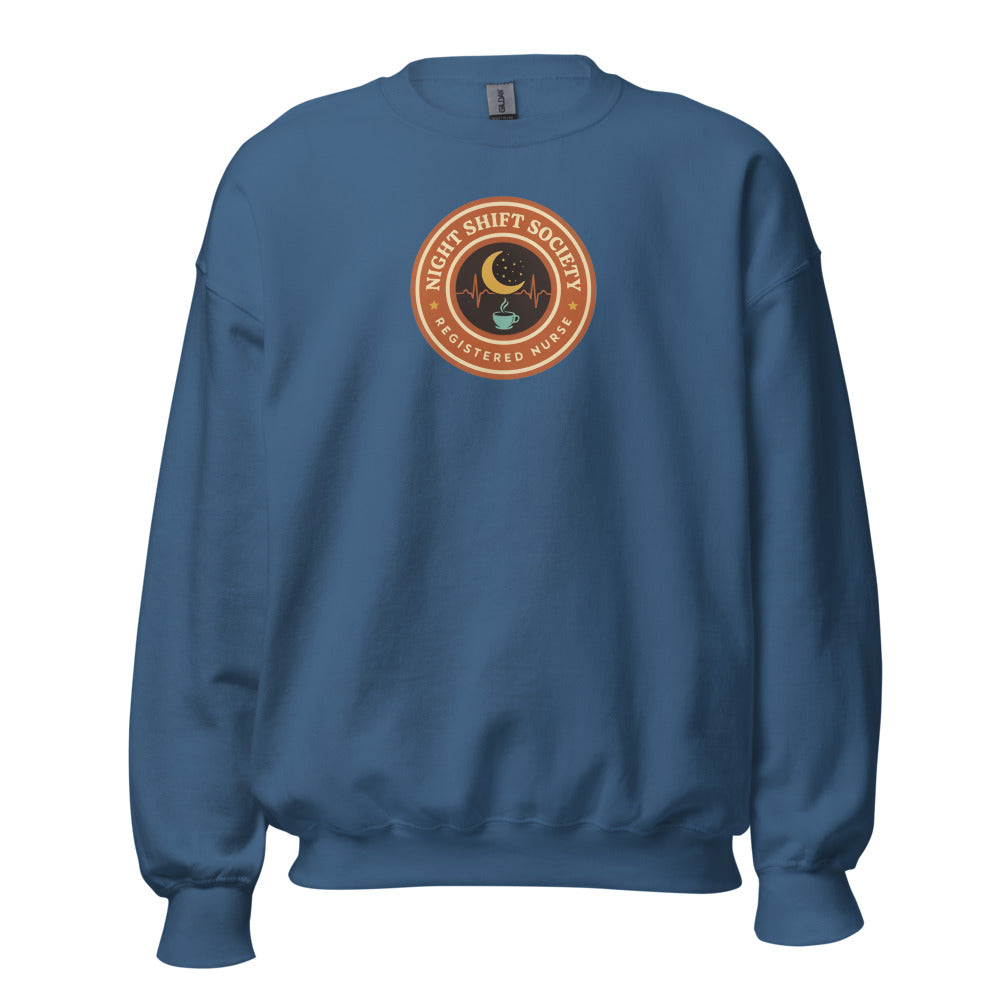 Night Shift Society retro registered nurse badge crewneck sweatshirt — Indigo Blue, front
