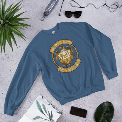 Roll For Initiative d20 dragon tabletop RPG crewneck sweatshirt — Indigo Blue, front-right