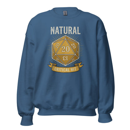 Natural 20 critical hit d20 tabletop RPG crewneck sweatshirt — Indigo Blue, front