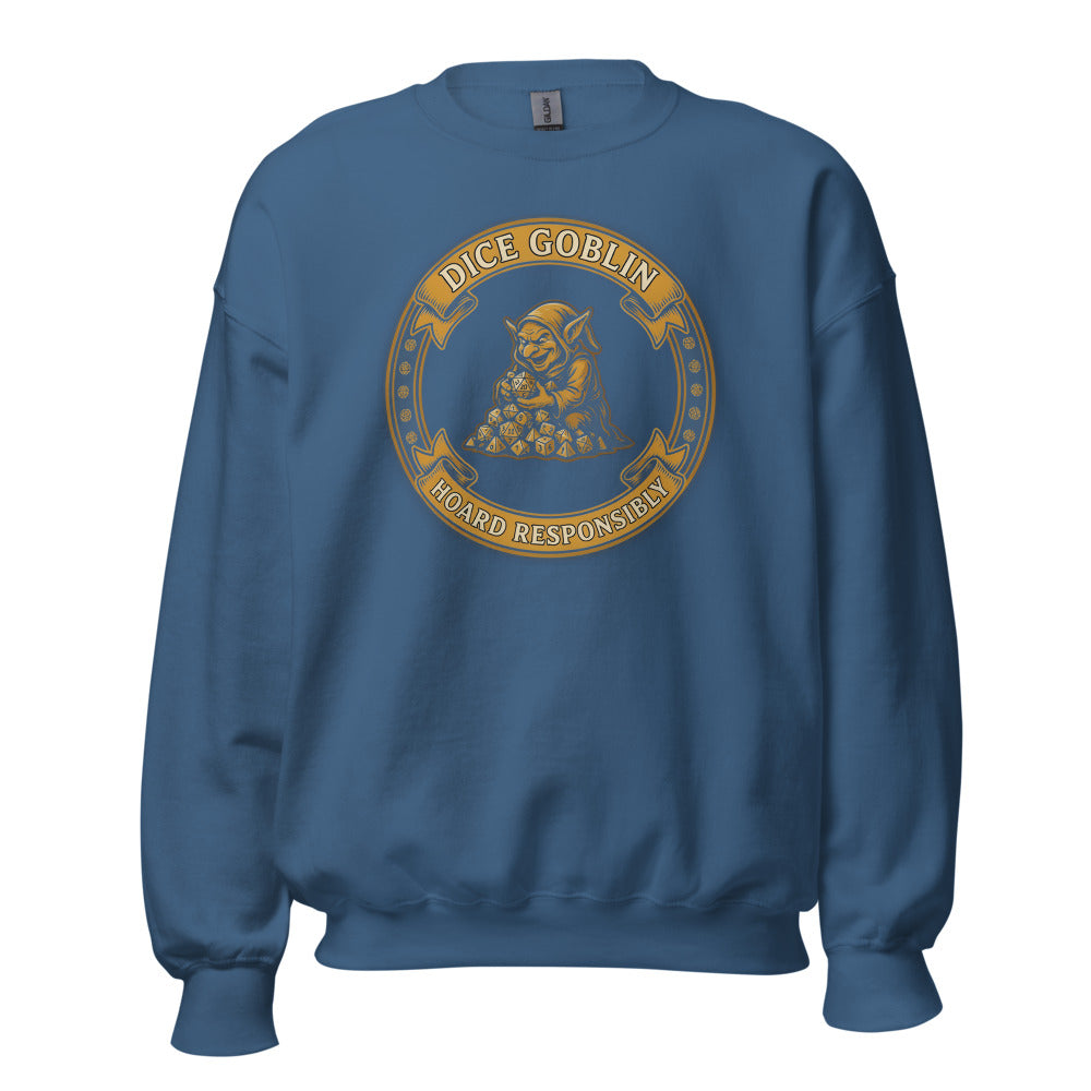 Dice Goblin Hoard Responsibly tabletop RPG crewneck sweatshirt — Indigo Blue, front