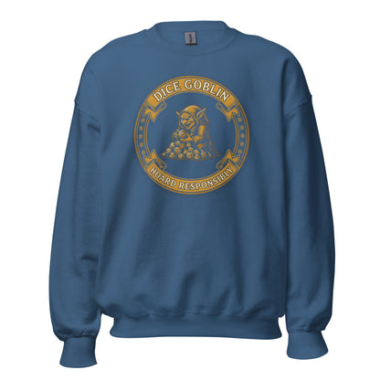 Dice Goblin Hoard Responsibly tabletop RPG crewneck sweatshirt — Indigo Blue, front