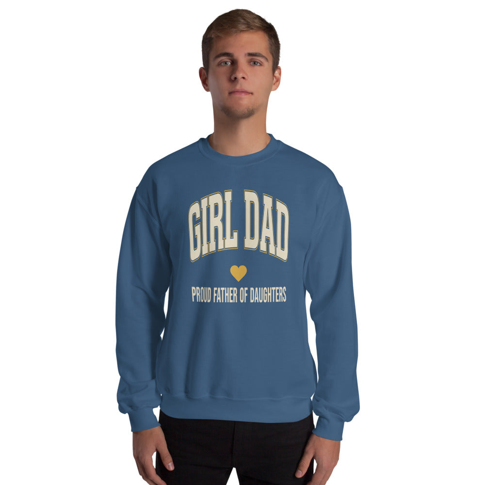 Girl Dad retro varsity crewneck sweatshirt — Indigo Blue, on model