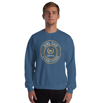 Girl Dad Raising Queens crest crewneck sweatshirt — Indigo Blue, on model
