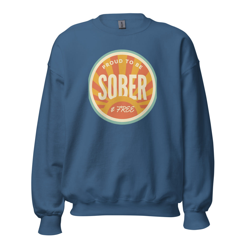 Sober & Proud retro sunburst crewneck sweatshirt — Indigo Blue, front