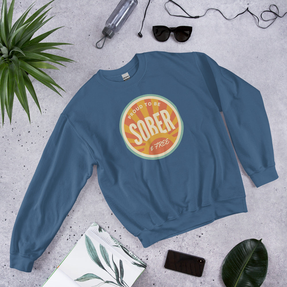 Sober & Proud retro sunburst crewneck sweatshirt — Indigo Blue, front-right