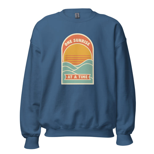 Sober Sweatshirt, One Sunrise at a Time Crewneck, Recovery Milestone Gift — Retro Rising Sun Sobriety Sweatshirt