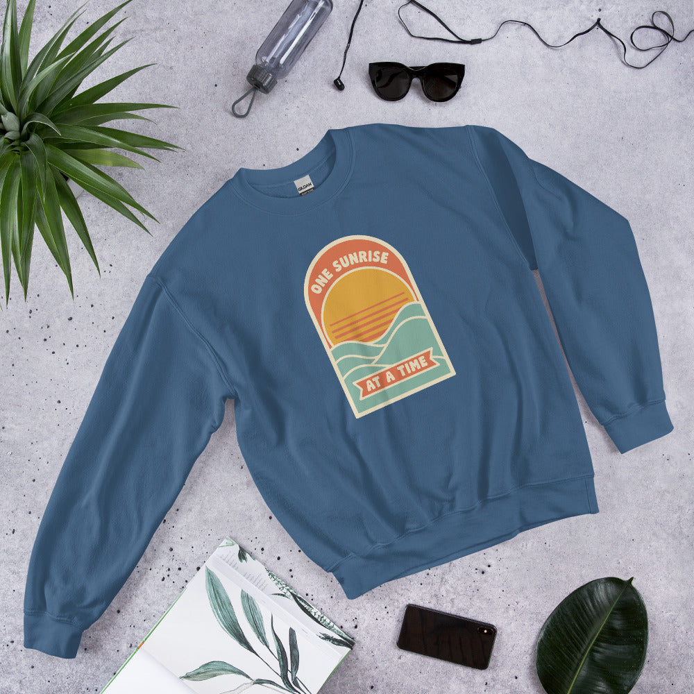 One Sunrise at a Time retro sunrise crewneck sweatshirt — Indigo Blue, front-right
