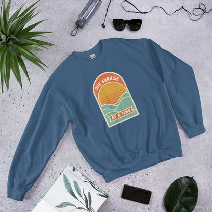 One Sunrise at a Time retro sunrise crewneck sweatshirt — Indigo Blue, front-right