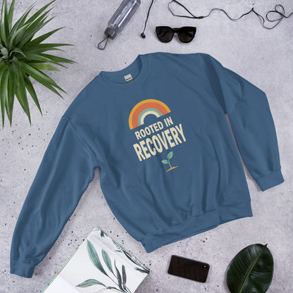 Rooted in Recovery retro rainbow crewneck sweatshirt — Indigo Blue, front-right