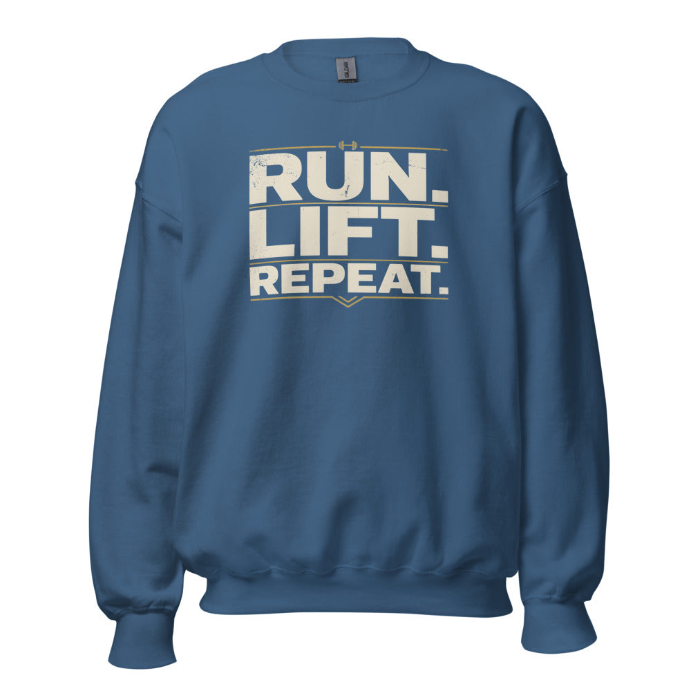Run Lift Repeat vintage athletic crewneck sweatshirt — Indigo Blue, front
