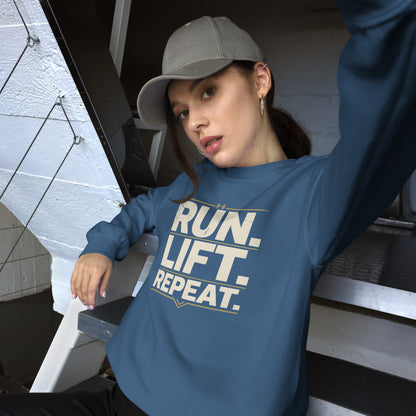Run Lift Repeat vintage athletic crewneck sweatshirt — Indigo Blue, on model