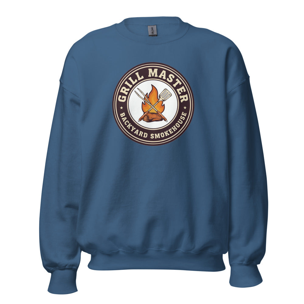 Grill Master retro backyard smokehouse crewneck sweatshirt — Indigo Blue, front