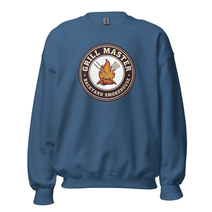 Grill Master retro backyard smokehouse crewneck sweatshirt — Indigo Blue, front