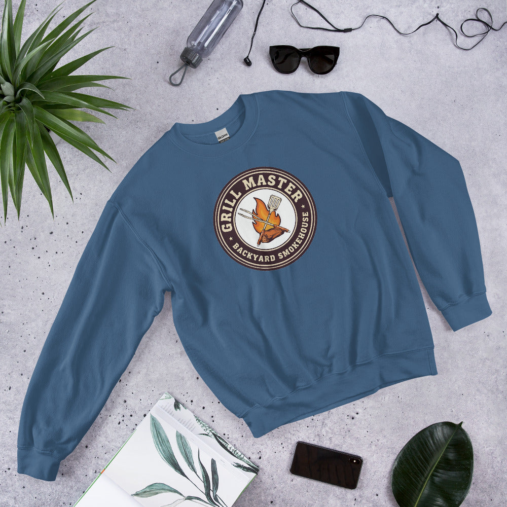 Grill Master retro backyard smokehouse crewneck sweatshirt — Indigo Blue, front-right