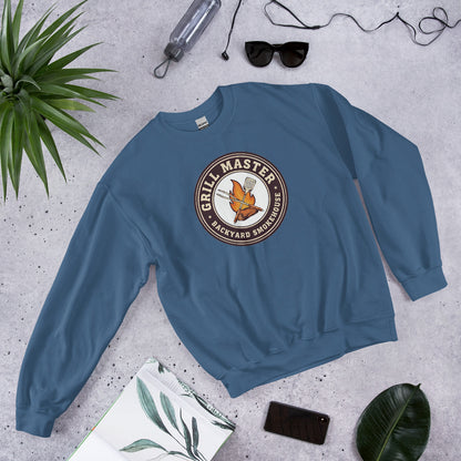 Grill Master retro backyard smokehouse crewneck sweatshirt — Indigo Blue, front-right