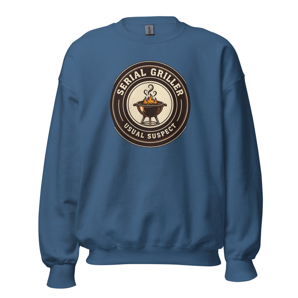 Serial Griller funny BBQ crewneck sweatshirt — Indigo Blue, front