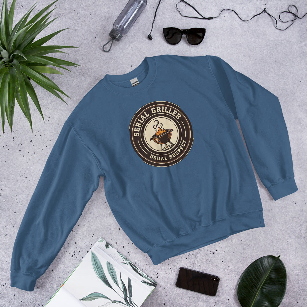 Serial Griller funny BBQ crewneck sweatshirt — Indigo Blue, front-right