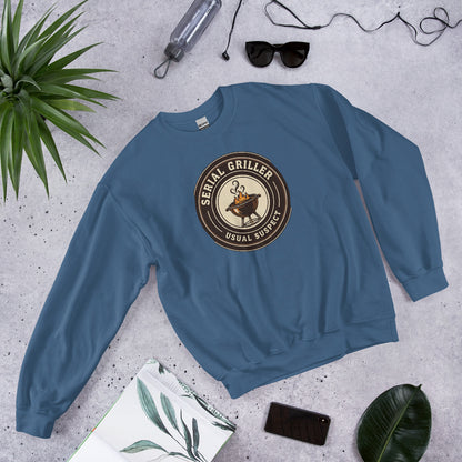 Serial Griller funny BBQ crewneck sweatshirt — Indigo Blue, front-right