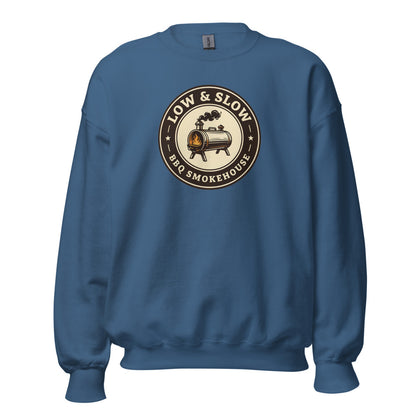 Low & Slow BBQ smoker crewneck sweatshirt — Indigo Blue, front
